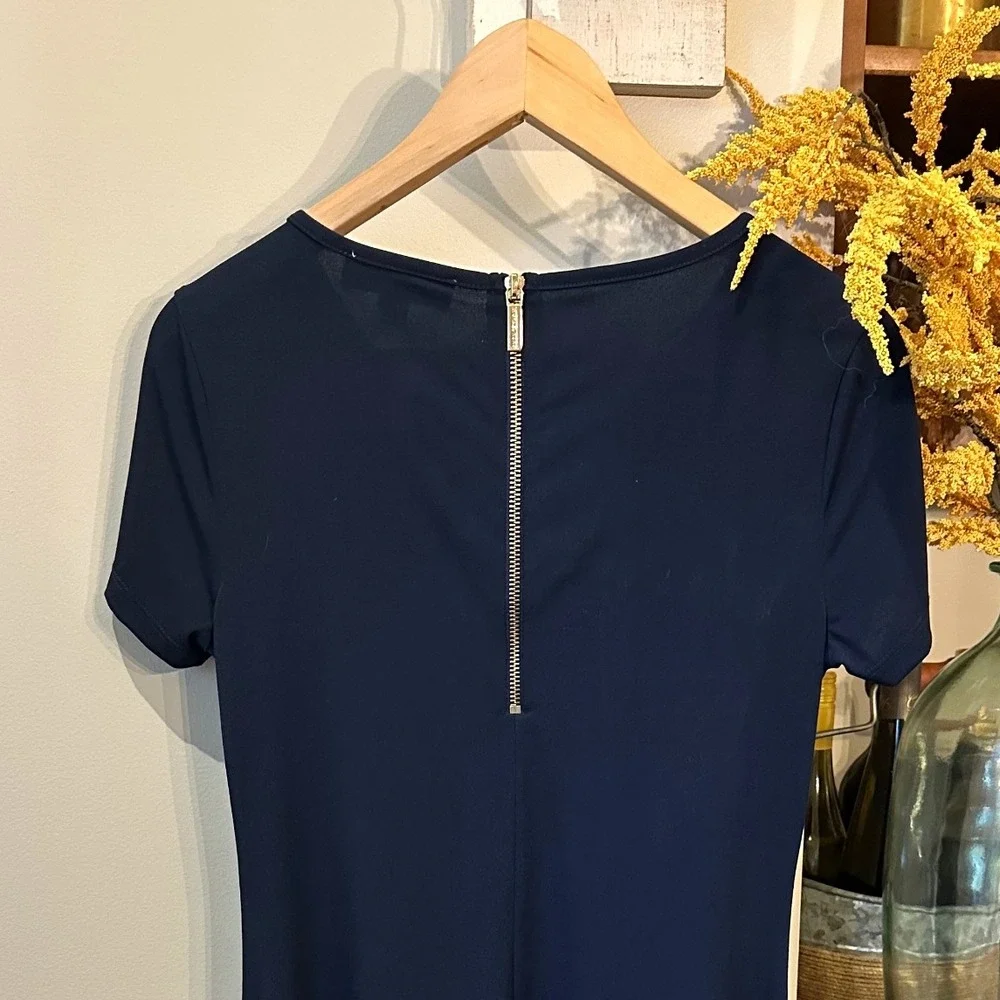 Michael Kors‎ Navy Blue Short Sleeve Gold Zip Back Fit Flare Dress Size XS